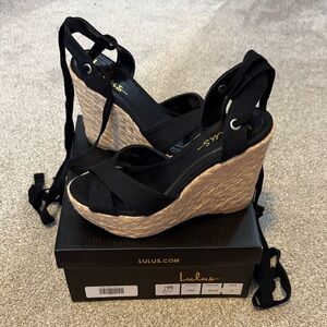 Lulu's Black and Tan Lace Up Wedge Sandals